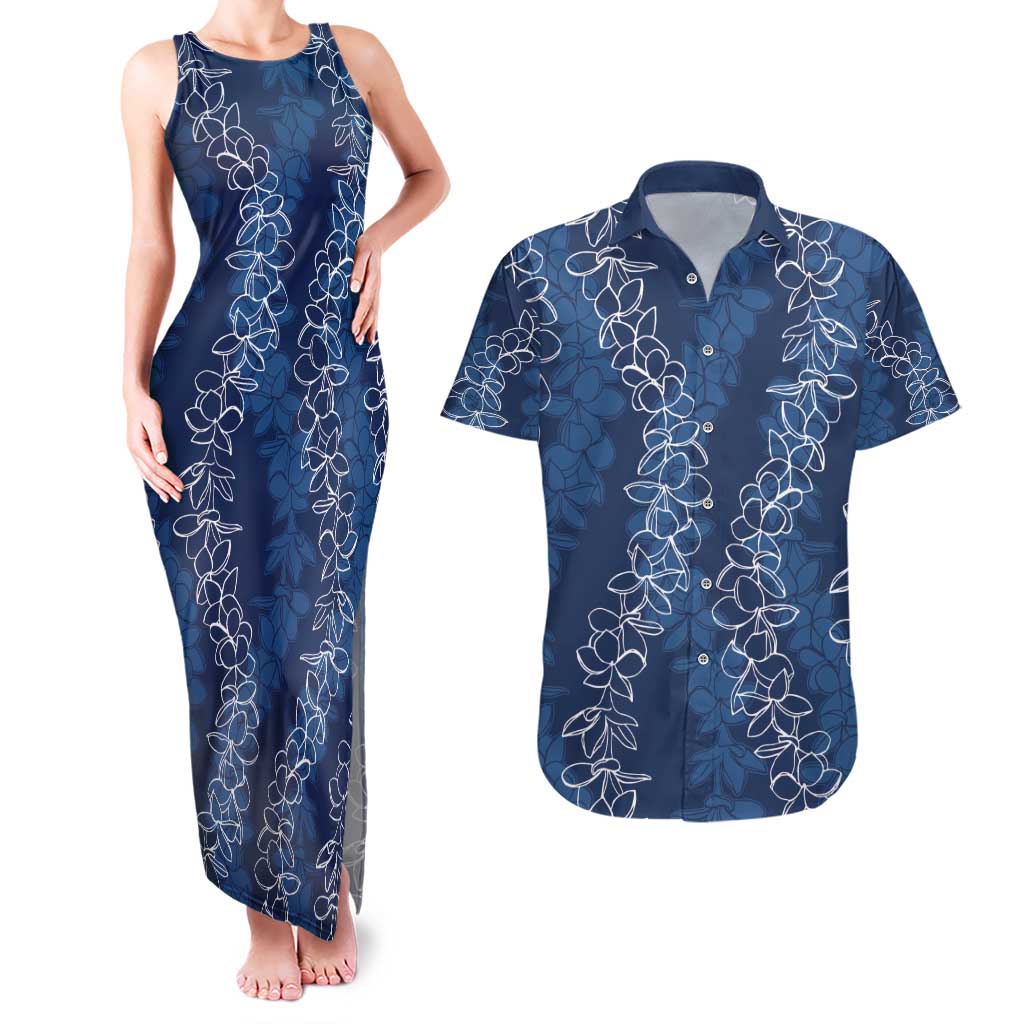 Hawaii Plumeria Lei Couples Matching Tank Maxi Dress and Hawaiian Shirt Aloha Festive Vibe - Navy Blue