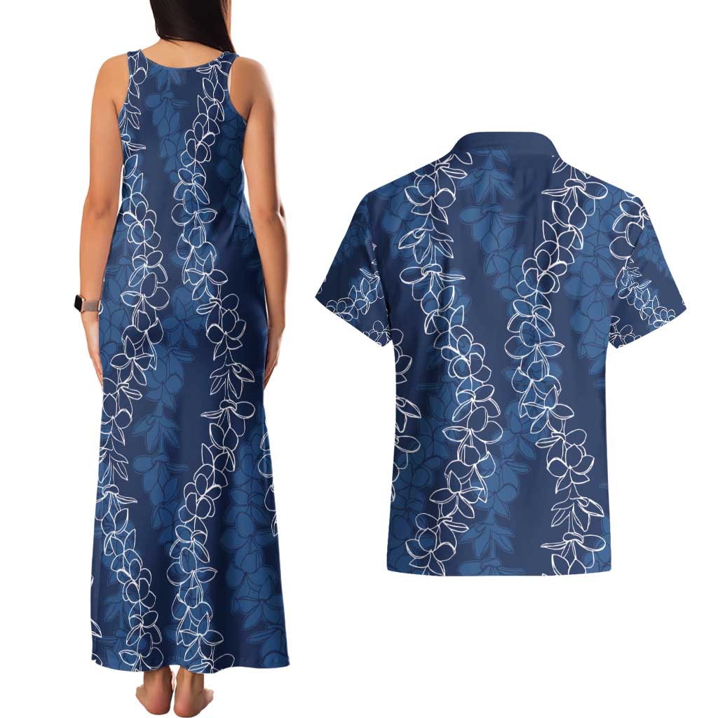 Hawaii Plumeria Lei Couples Matching Tank Maxi Dress and Hawaiian Shirt Aloha Festive Vibe - Navy Blue LT7 - Polynesian Pride