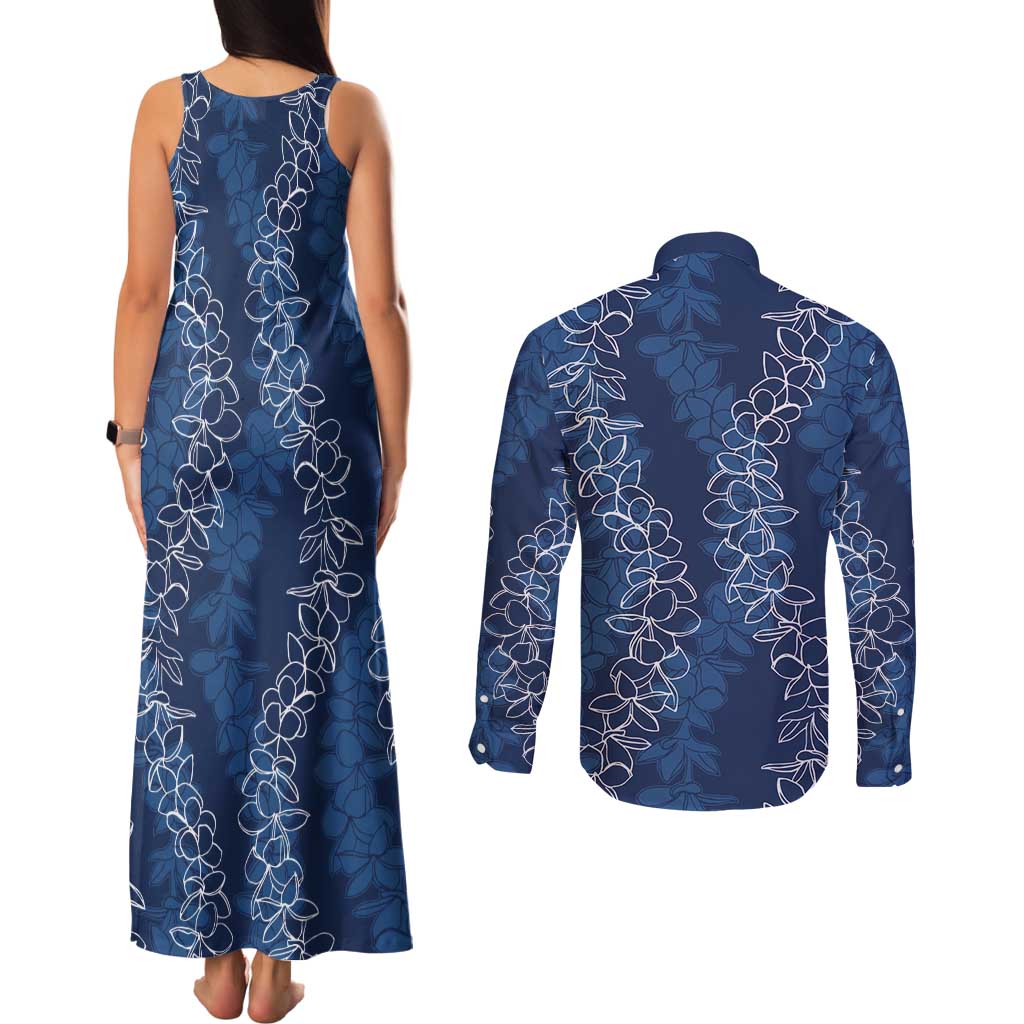 Hawaii Plumeria Lei Couples Matching Tank Maxi Dress and Long Sleeve Button Shirt Aloha Festive Vibe - Navy Blue