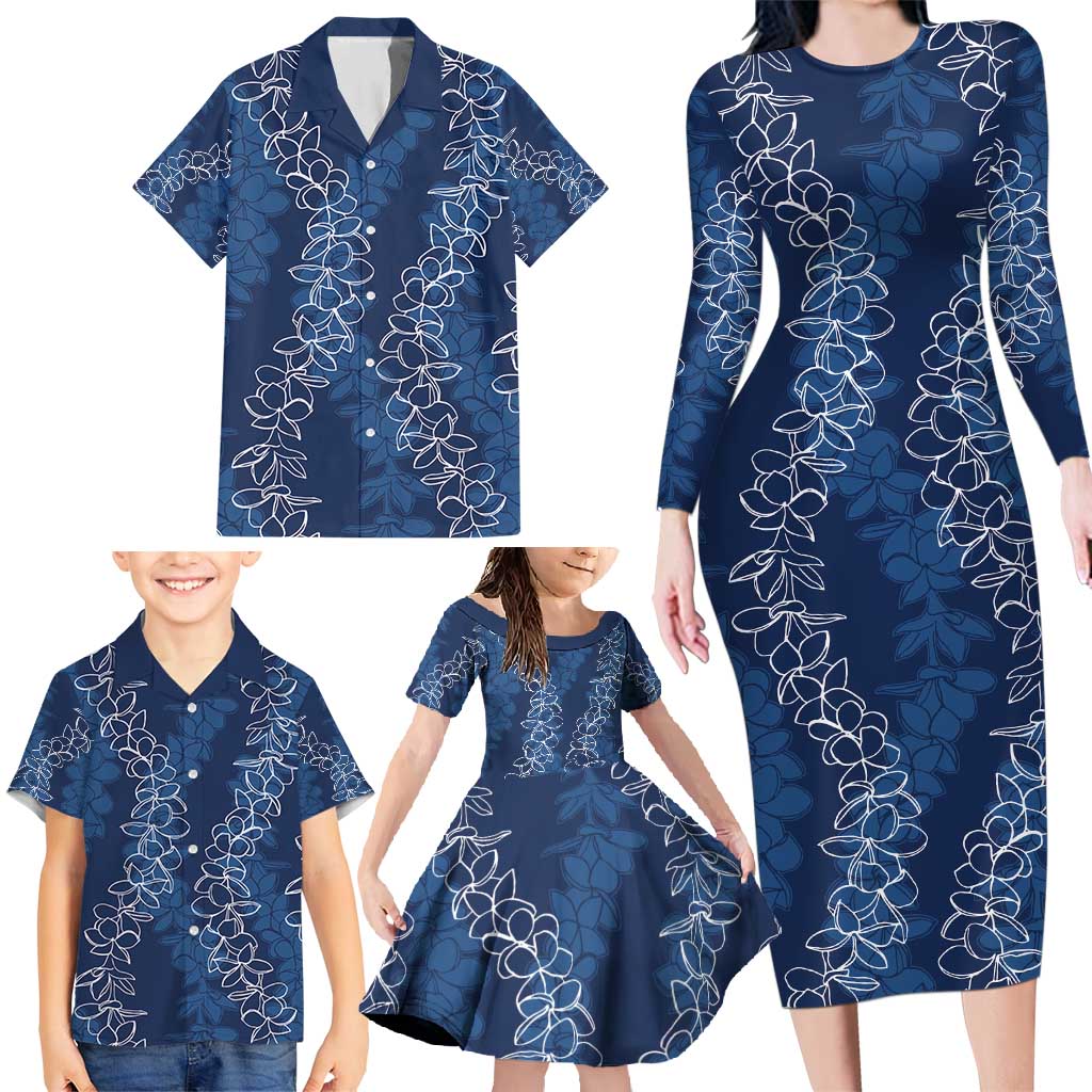 Hawaii Plumeria Lei Family Matching Long Sleeve Bodycon Dress and Hawaiian Shirt Aloha Festive Vibe - Navy Blue LT7 - Polynesian Pride