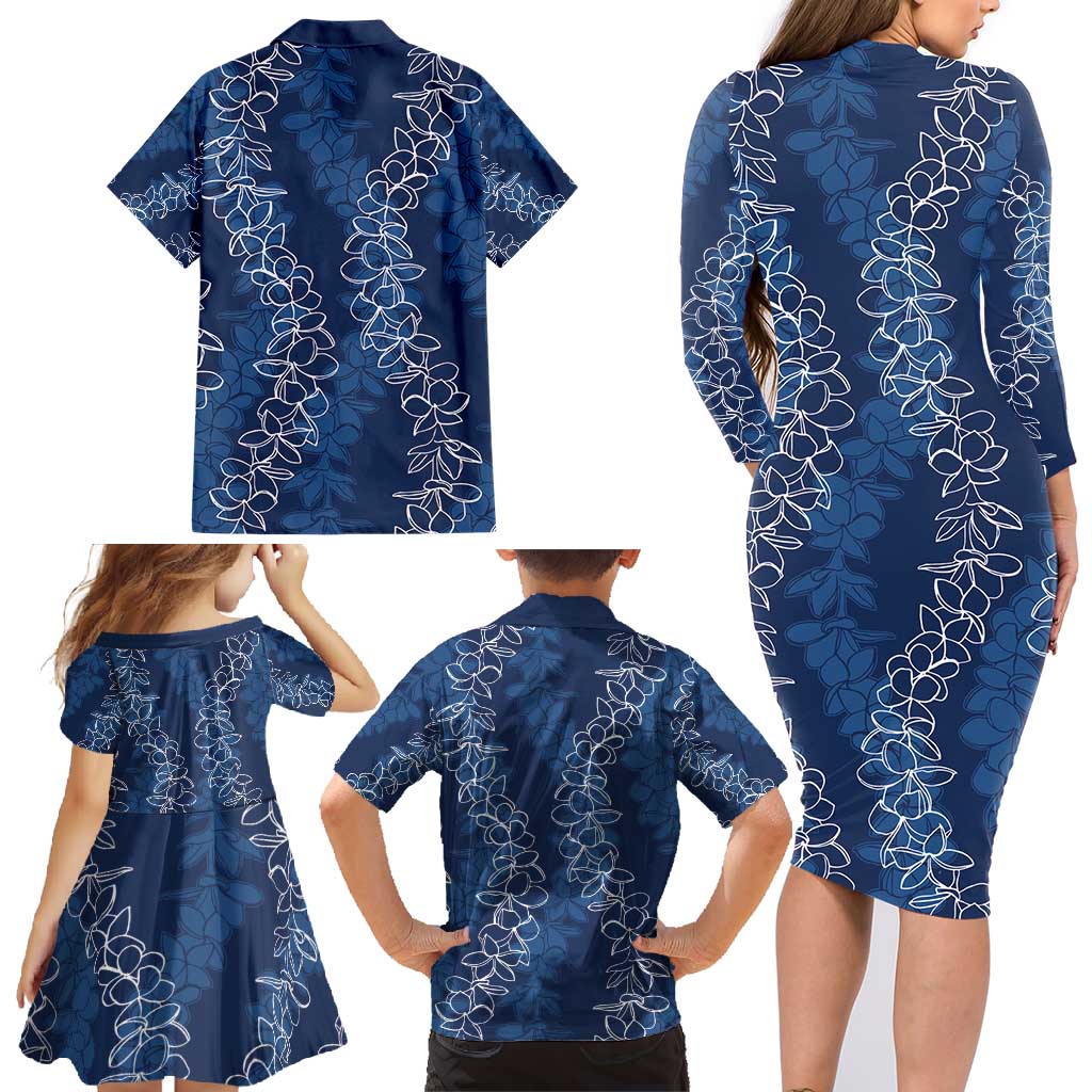 Hawaii Plumeria Lei Family Matching Long Sleeve Bodycon Dress and Hawaiian Shirt Aloha Festive Vibe - Navy Blue LT7 - Polynesian Pride