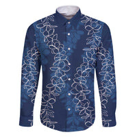 Hawaii Plumeria Lei Family Matching Long Sleeve Bodycon Dress and Hawaiian Shirt Aloha Festive Vibe - Navy Blue LT7 Dad's Shirt - Long Sleeve Navy Blue - Polynesian Pride