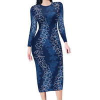 Hawaii Plumeria Lei Family Matching Long Sleeve Bodycon Dress and Hawaiian Shirt Aloha Festive Vibe - Navy Blue LT7 Mom's Dress Navy Blue - Polynesian Pride