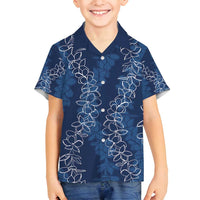 Hawaii Plumeria Lei Family Matching Long Sleeve Bodycon Dress and Hawaiian Shirt Aloha Festive Vibe - Navy Blue LT7 Son's Shirt Navy Blue - Polynesian Pride