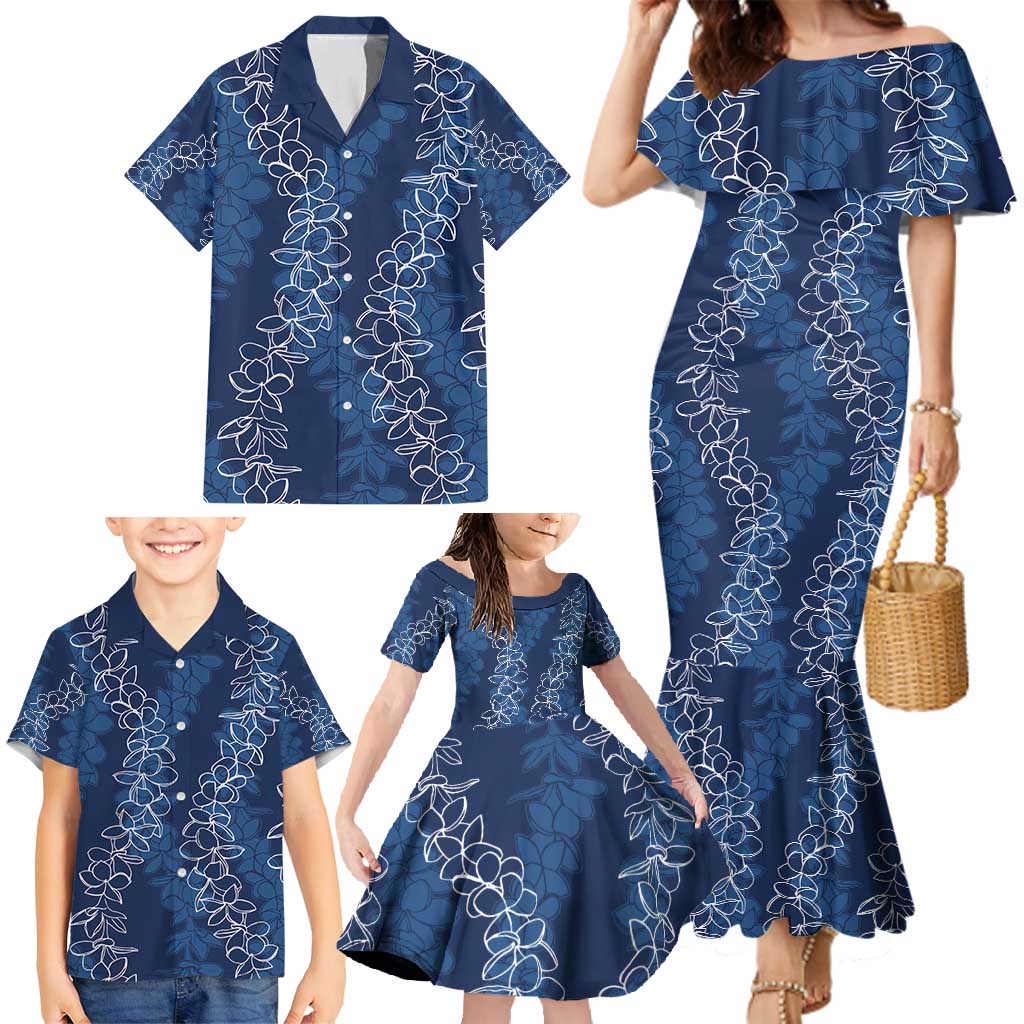 Hawaii Plumeria Lei Family Matching Mermaid Dress and Hawaiian Shirt Aloha Festive Vibe - Navy Blue LT7 - Polynesian Pride