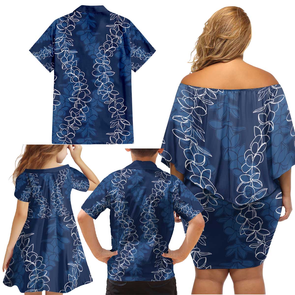Hawaii Plumeria Lei Family Matching Off Shoulder Short Dress and Hawaiian Shirt Aloha Festive Vibe - Navy Blue