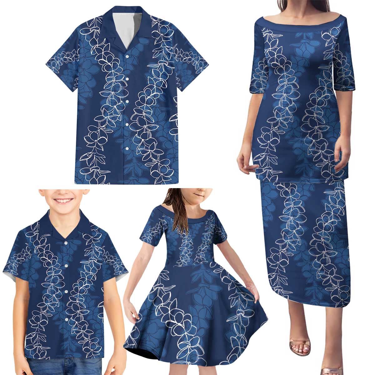 Hawaii Plumeria Lei Family Matching Puletasi and Hawaiian Shirt Aloha Festive Vibe - Navy Blue LT7 - Polynesian Pride