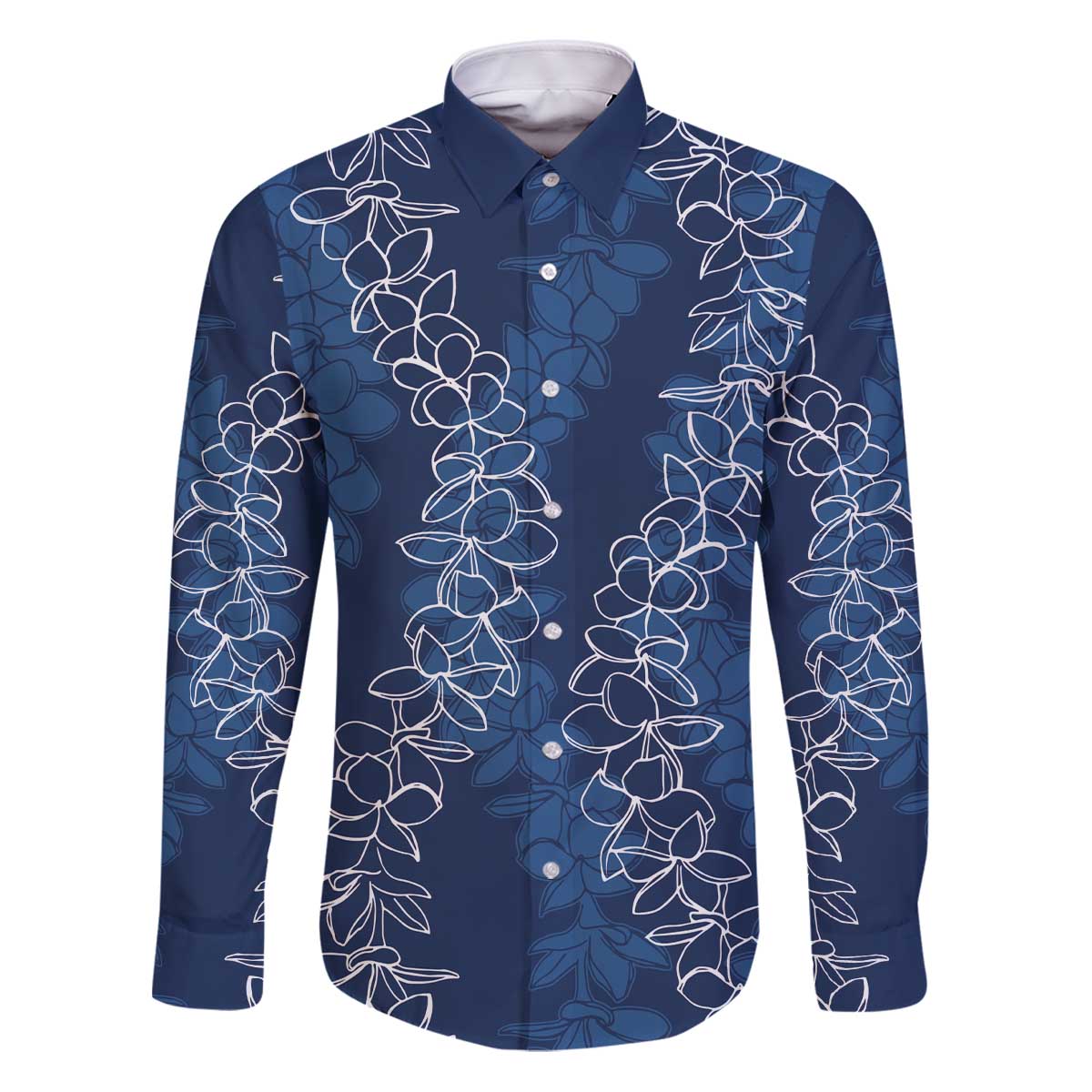 Hawaii Plumeria Lei Family Matching Puletasi and Hawaiian Shirt Aloha Festive Vibe - Navy Blue LT7 Dad's Shirt - Long Sleeve Navy Blue - Polynesian Pride