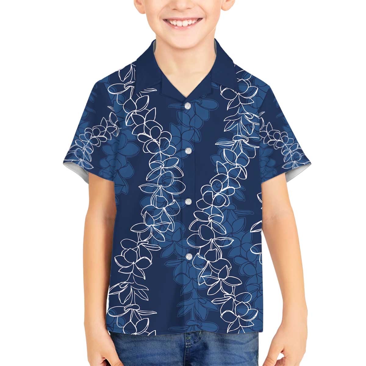 Hawaii Plumeria Lei Family Matching Puletasi and Hawaiian Shirt Aloha Festive Vibe - Navy Blue LT7 Son's Shirt Navy Blue - Polynesian Pride