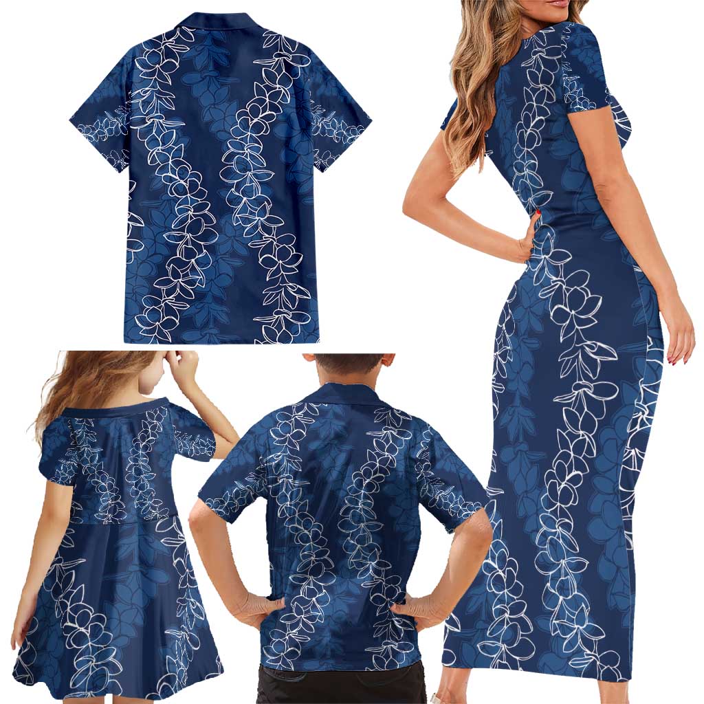 Hawaii Plumeria Lei Family Matching Short Sleeve Bodycon Dress and Hawaiian Shirt Aloha Festive Vibe - Navy Blue LT7 - Polynesian Pride