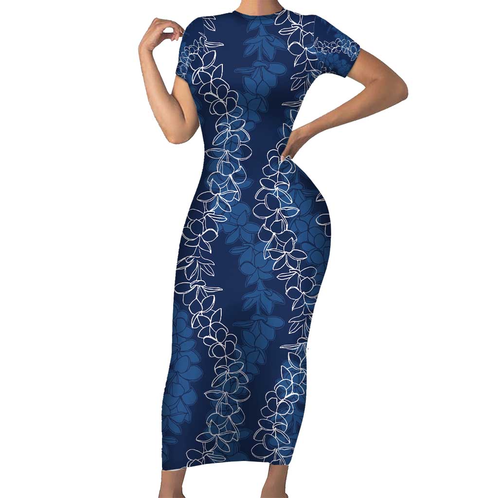Hawaii Plumeria Lei Family Matching Short Sleeve Bodycon Dress and Hawaiian Shirt Aloha Festive Vibe - Navy Blue LT7 Mom's Dress Navy Blue - Polynesian Pride