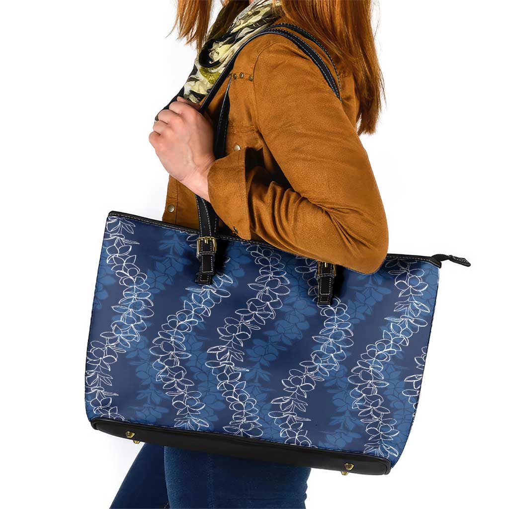 Hawaii Plumeria Lei Leather Tote Bag Aloha Festive Vibe - Navy Blue