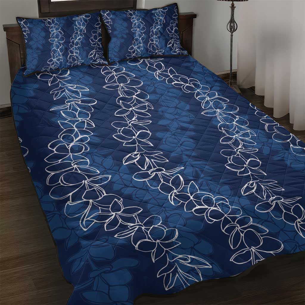 Hawaii Plumeria Lei Quilt Bed Set Aloha Festive Vibe - Navy Blue