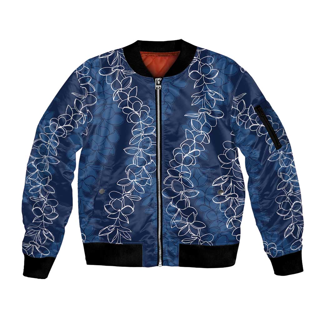 Hawaii Plumeria Lei Sleeve Zip Bomber Jacket Aloha Festive Vibe - Navy Blue