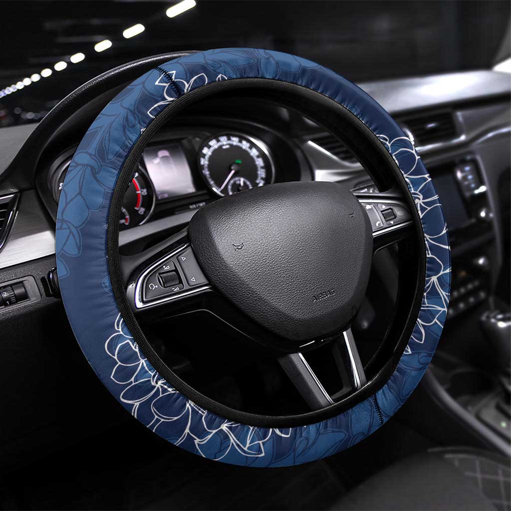 Hawaii Plumeria Lei Steering Wheel Cover Aloha Festive Vibe - Navy Blue