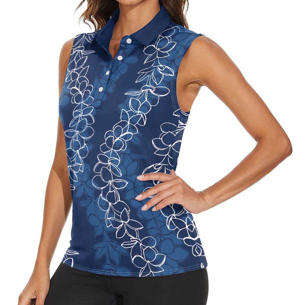 Hawaii Plumeria Lei Women Sleeveless Polo Shirt Aloha Festive Vibe - Navy Blue