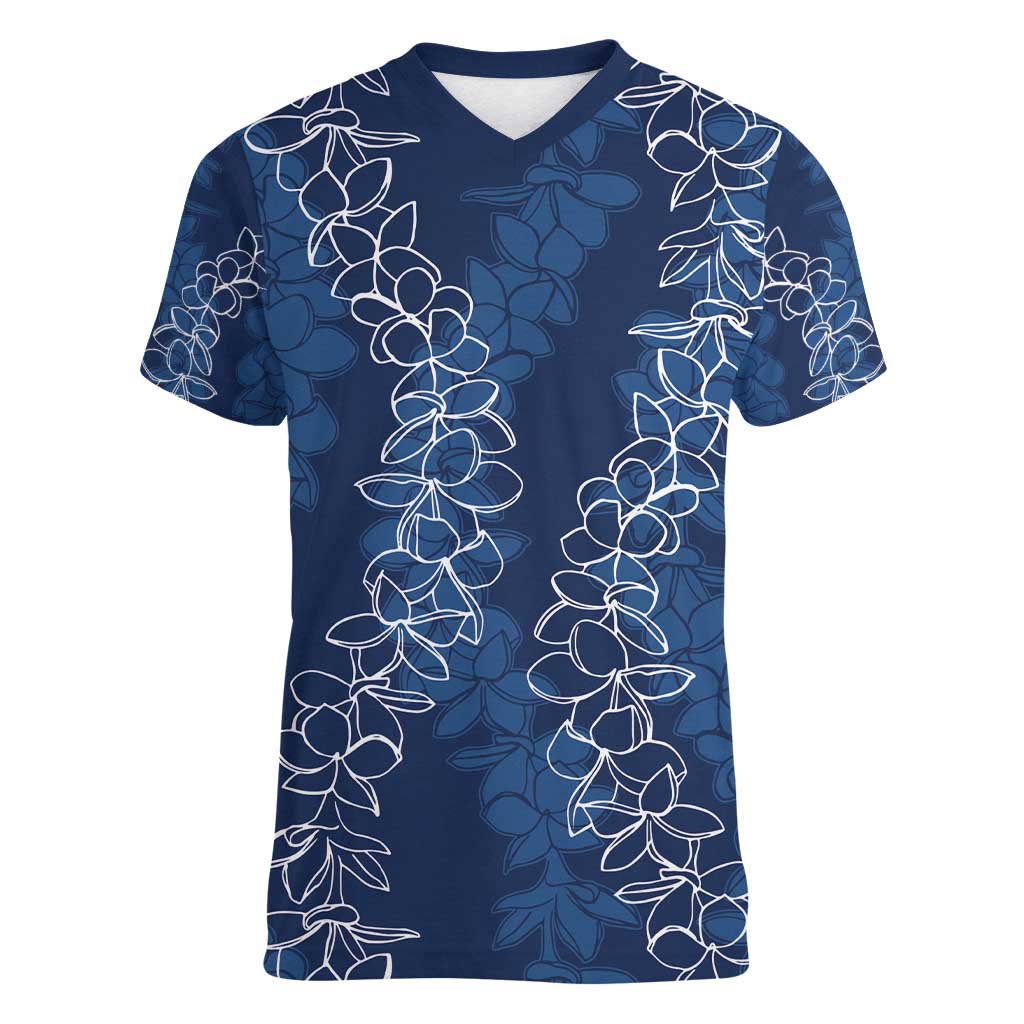 Hawaii Plumeria Lei Women V-Neck T-Shirt Aloha Festive Vibe - Navy Blue