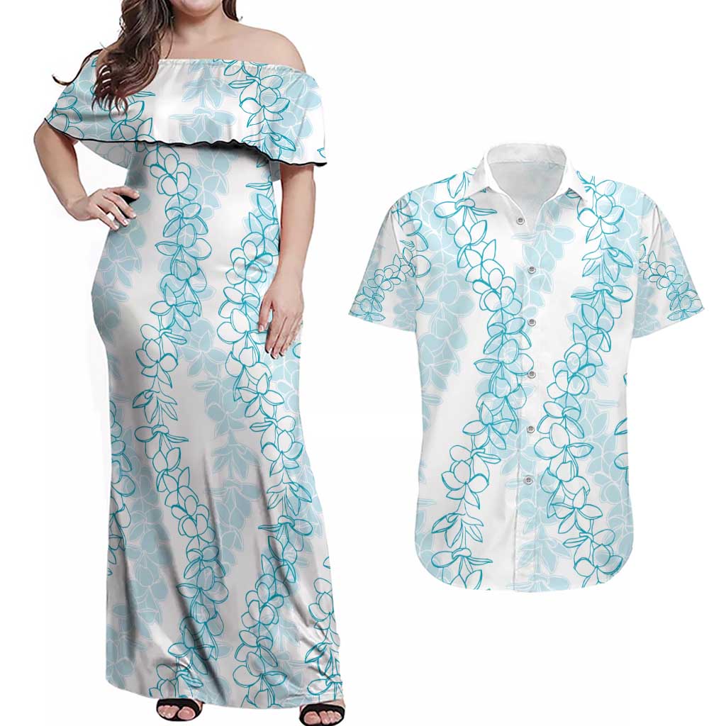 Hawaii Plumeria Lei Couples Matching Off Shoulder Maxi Dress and Hawaiian Shirt Aloha Festive Vibe - Turquoise