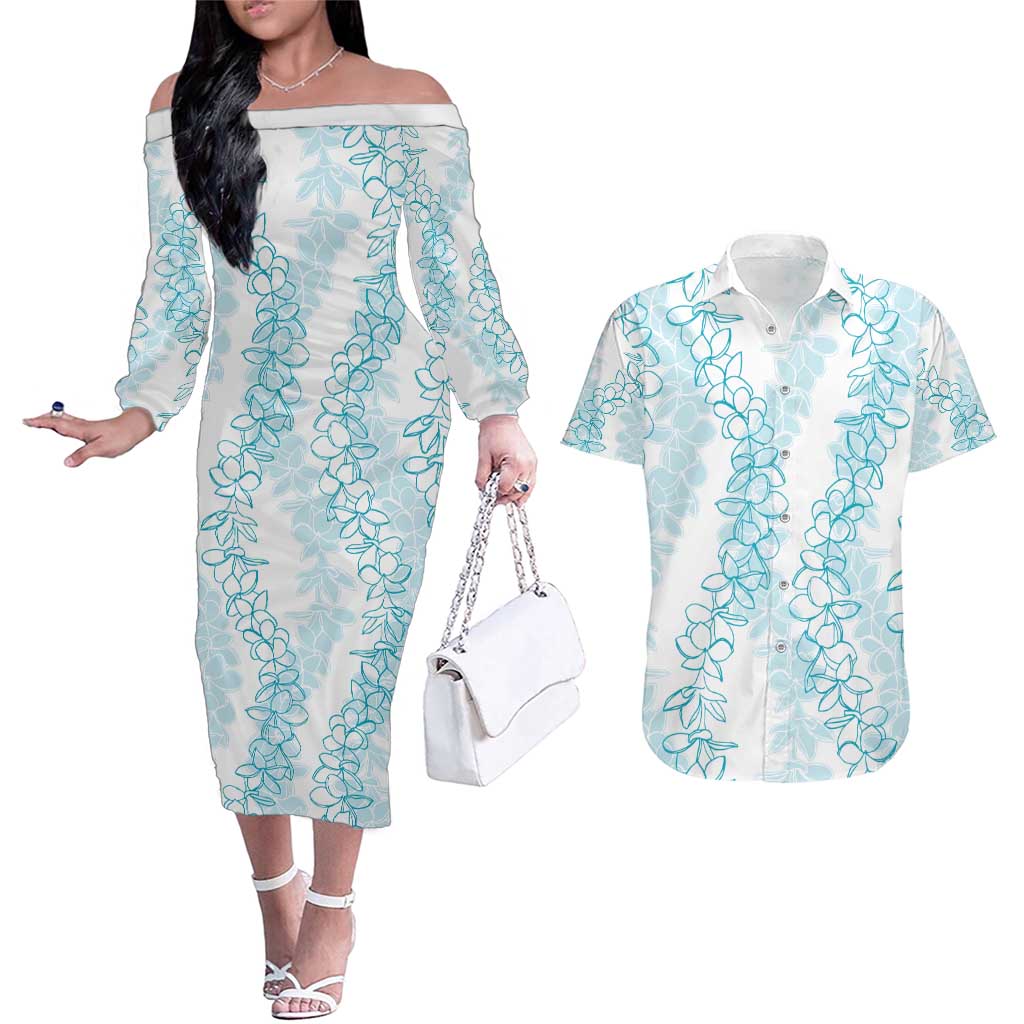 Hawaii Plumeria Lei Couples Matching Off The Shoulder Long Sleeve Dress and Hawaiian Shirt Aloha Festive Vibe - Turquoise