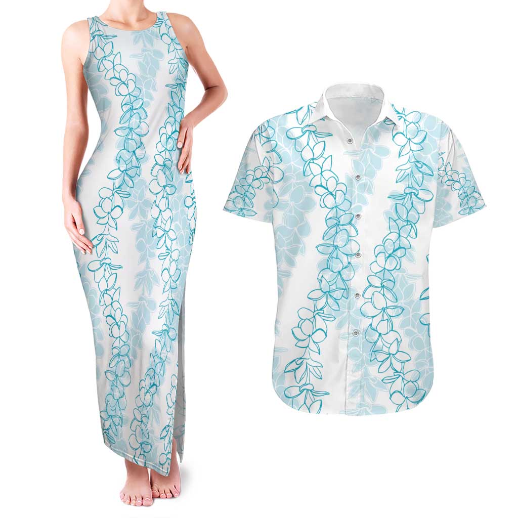 Hawaii Plumeria Lei Couples Matching Tank Maxi Dress and Hawaiian Shirt Aloha Festive Vibe - Turquoise LT7 Turquoise - Polynesian Pride
