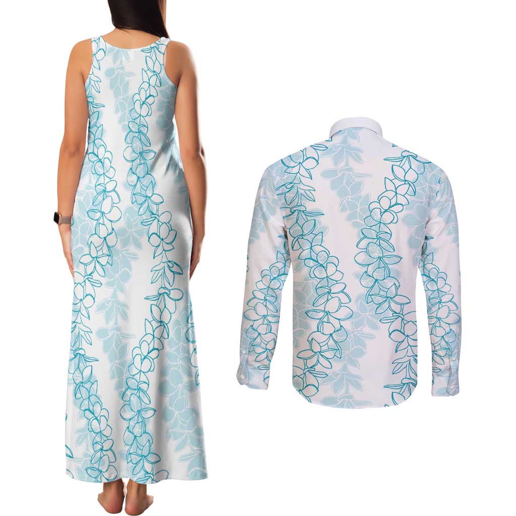 Hawaii Plumeria Lei Couples Matching Tank Maxi Dress and Long Sleeve Button Shirt Aloha Festive Vibe - Turquoise