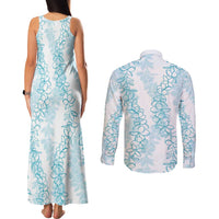 Hawaii Plumeria Lei Couples Matching Tank Maxi Dress and Long Sleeve Button Shirt Aloha Festive Vibe - Turquoise