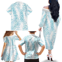 Hawaii Plumeria Lei Family Matching Off The Shoulder Long Sleeve Dress and Hawaiian Shirt Aloha Festive Vibe - Turquoise