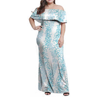 Hawaii Plumeria Lei Family Matching Off Shoulder Maxi Dress and Hawaiian Shirt Aloha Festive Vibe - Turquoise
