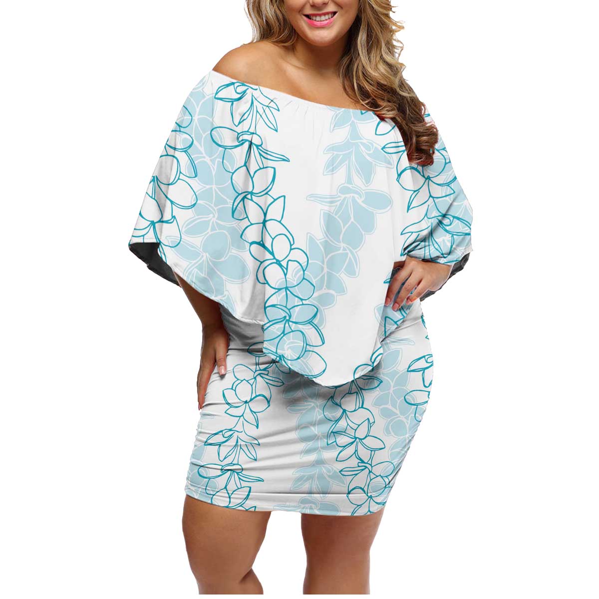 Hawaii Plumeria Lei Family Matching Off Shoulder Short Dress and Hawaiian Shirt Aloha Festive Vibe - Turquoise