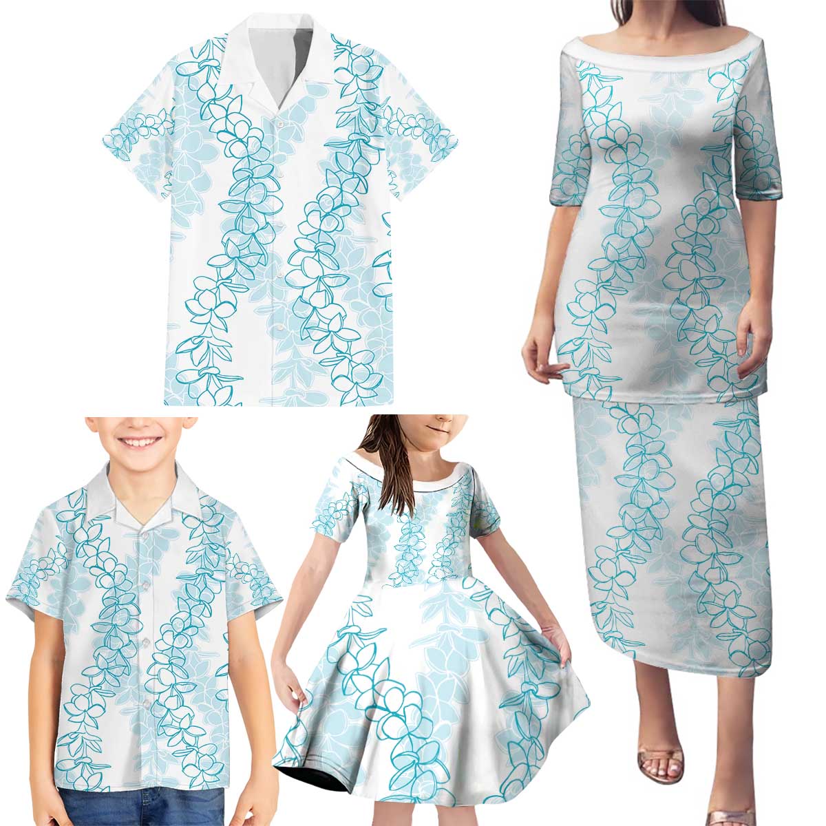 Hawaii Plumeria Lei Family Matching Puletasi and Hawaiian Shirt Aloha Festive Vibe - Turquoise LT7 - Polynesian Pride
