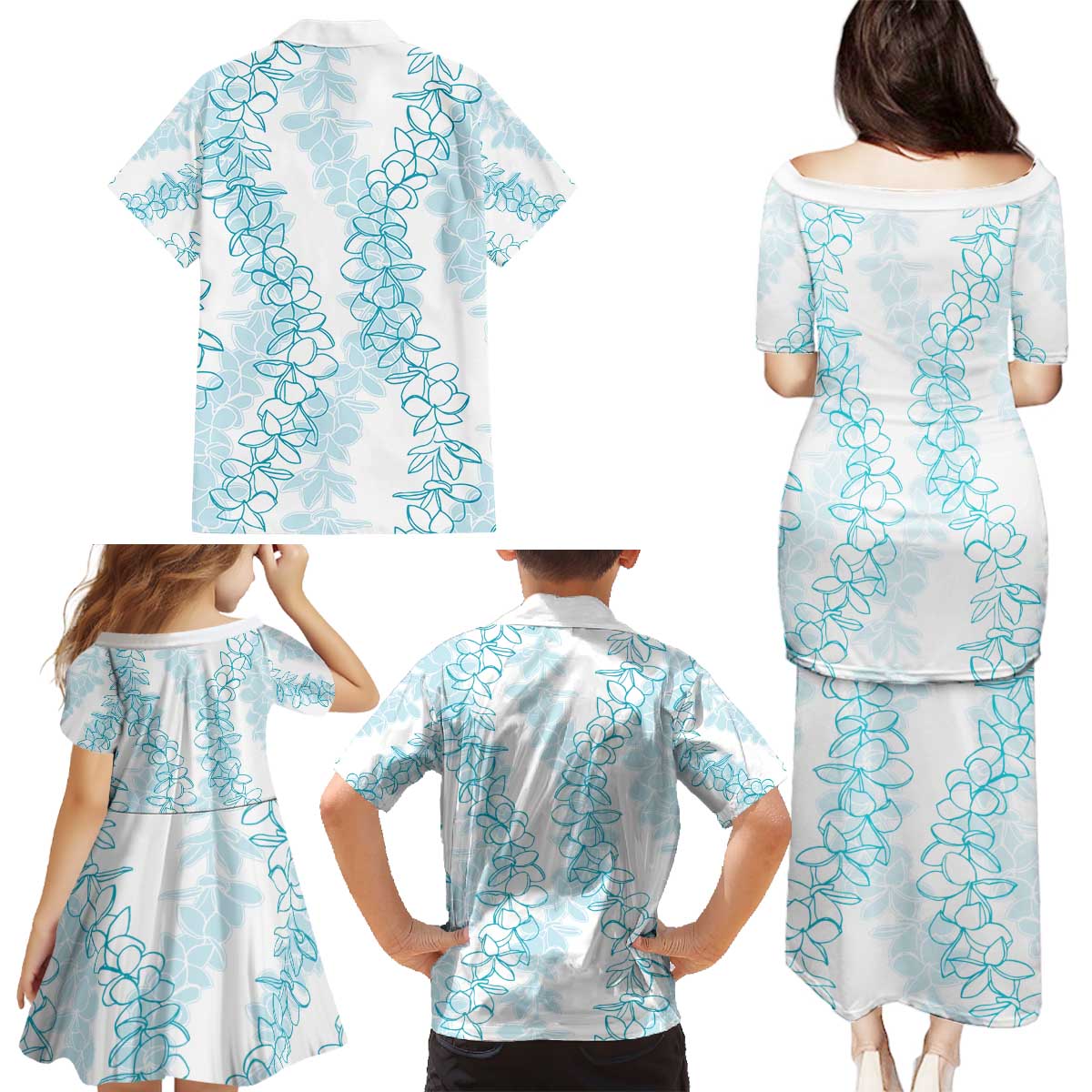 Hawaii Plumeria Lei Family Matching Puletasi and Hawaiian Shirt Aloha Festive Vibe - Turquoise LT7 - Polynesian Pride