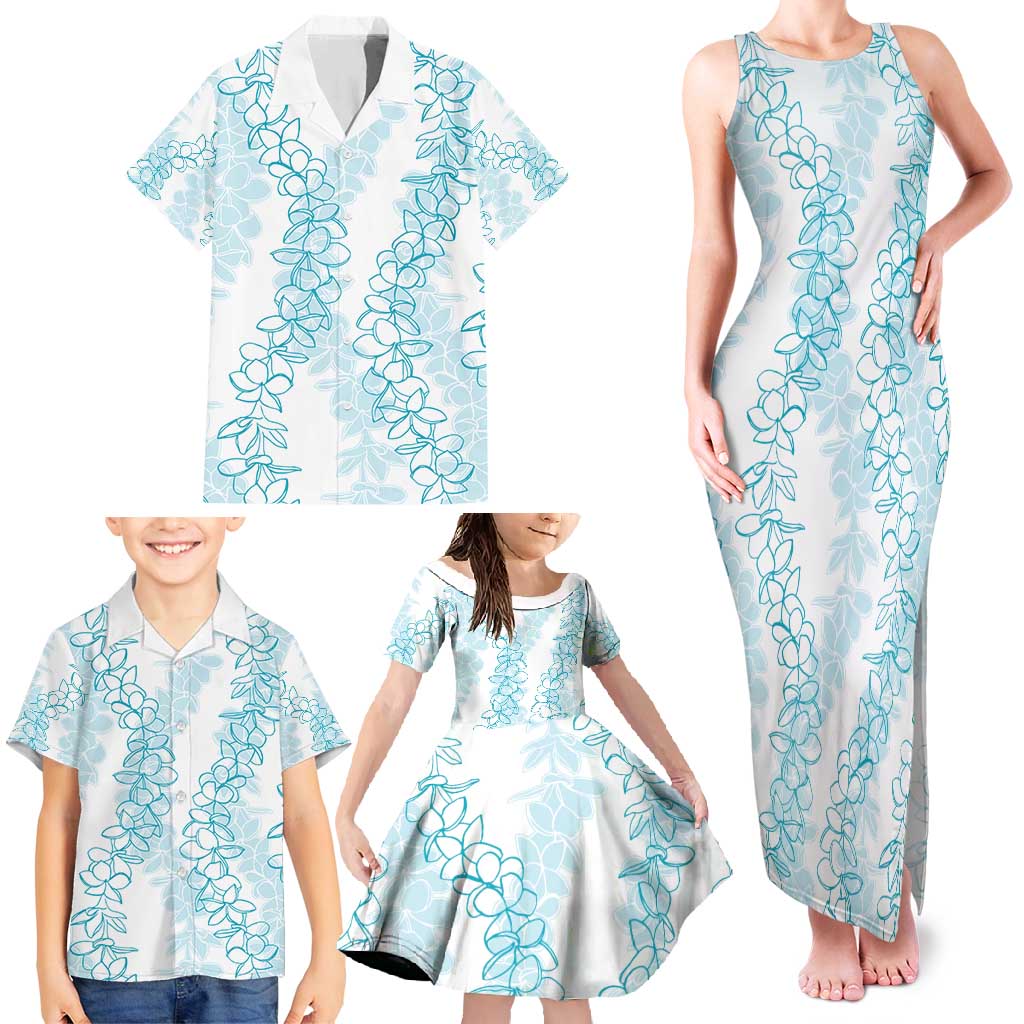 Hawaii Plumeria Lei Family Matching Tank Maxi Dress and Hawaiian Shirt Aloha Festive Vibe - Turquoise