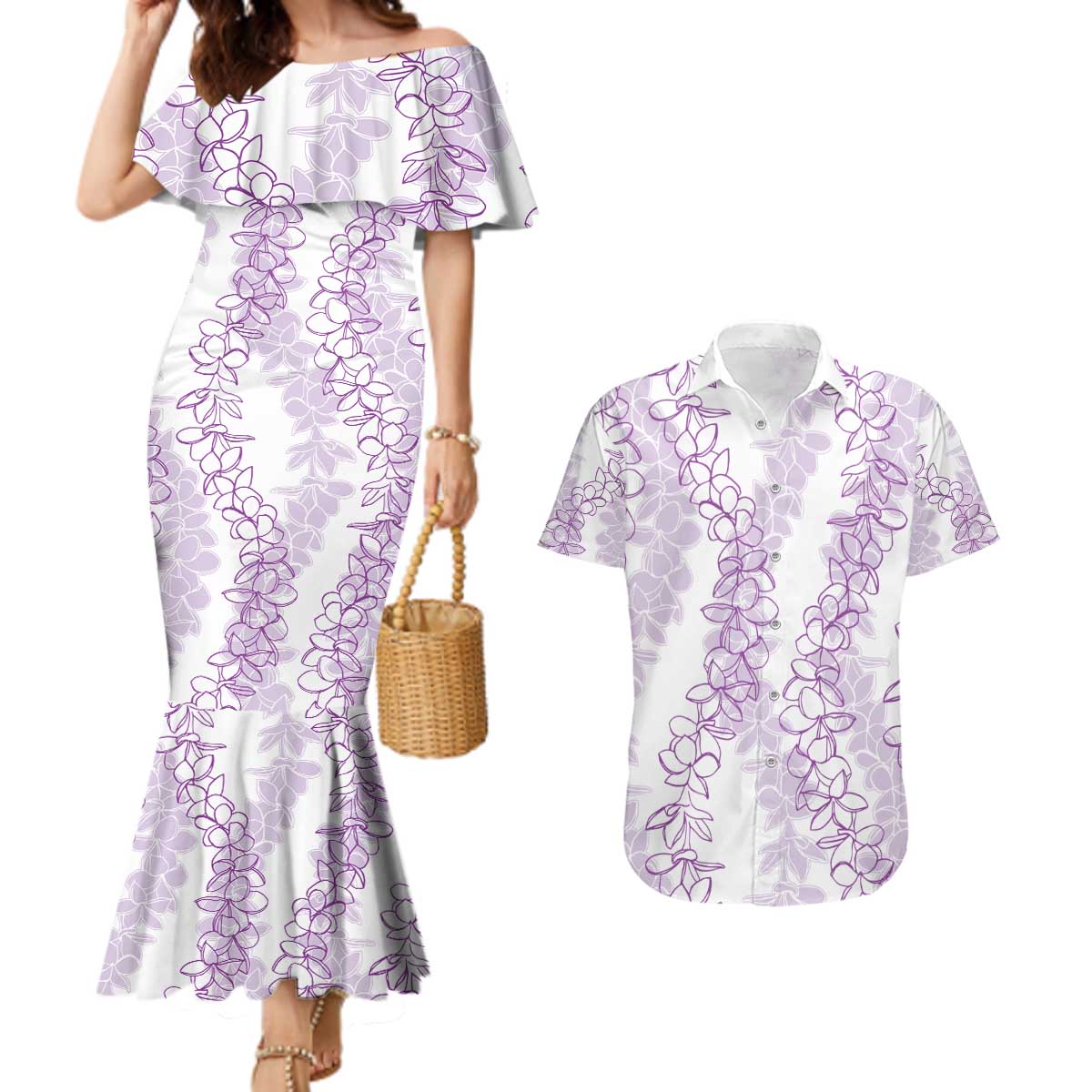 Hawaii Plumeria Lei Couples Matching Mermaid Dress and Hawaiian Shirt Aloha Festive Vibe - Amethyst LT7 Amethyst - Polynesian Pride