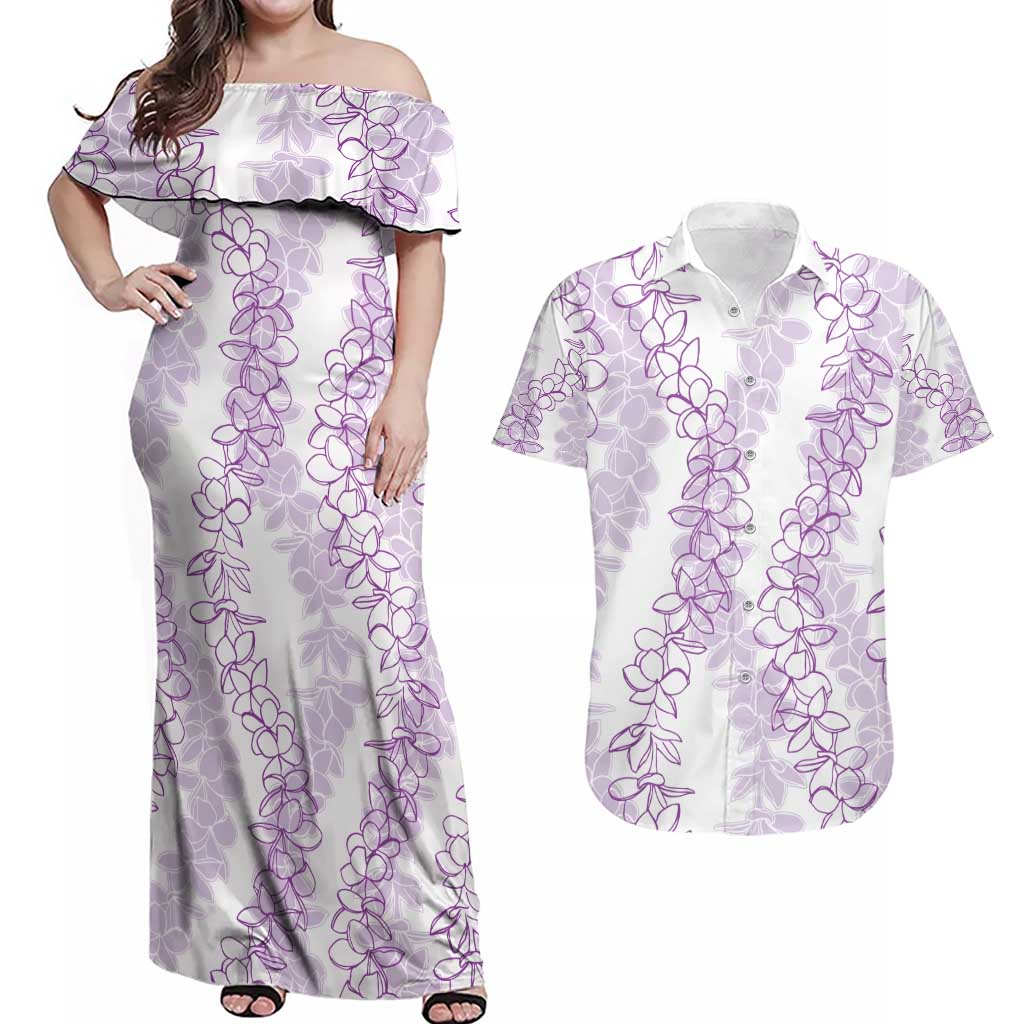 Hawaii Plumeria Lei Couples Matching Off Shoulder Maxi Dress and Hawaiian Shirt Aloha Festive Vibe - Amethyst