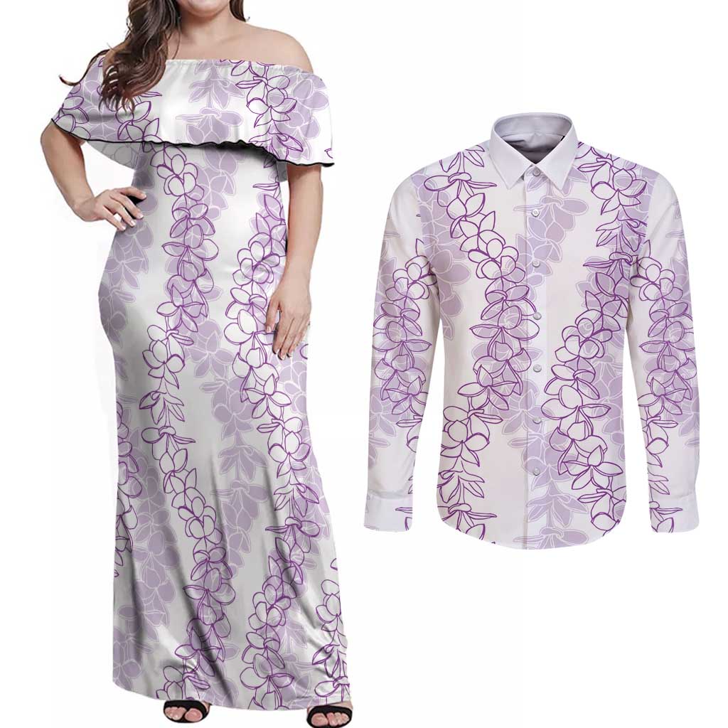 Hawaii Plumeria Lei Couples Matching Off Shoulder Maxi Dress and Long Sleeve Button Shirt Aloha Festive Vibe - Amethyst LT7 Amethyst - Polynesian Pride