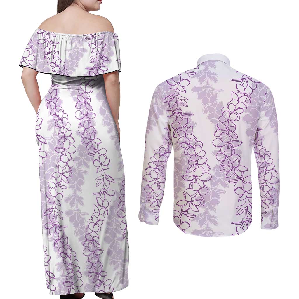 Hawaii Plumeria Lei Couples Matching Off Shoulder Maxi Dress and Long Sleeve Button Shirt Aloha Festive Vibe - Amethyst LT7 - Polynesian Pride
