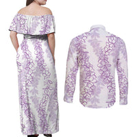 Hawaii Plumeria Lei Couples Matching Off Shoulder Maxi Dress and Long Sleeve Button Shirt Aloha Festive Vibe - Amethyst LT7 - Polynesian Pride