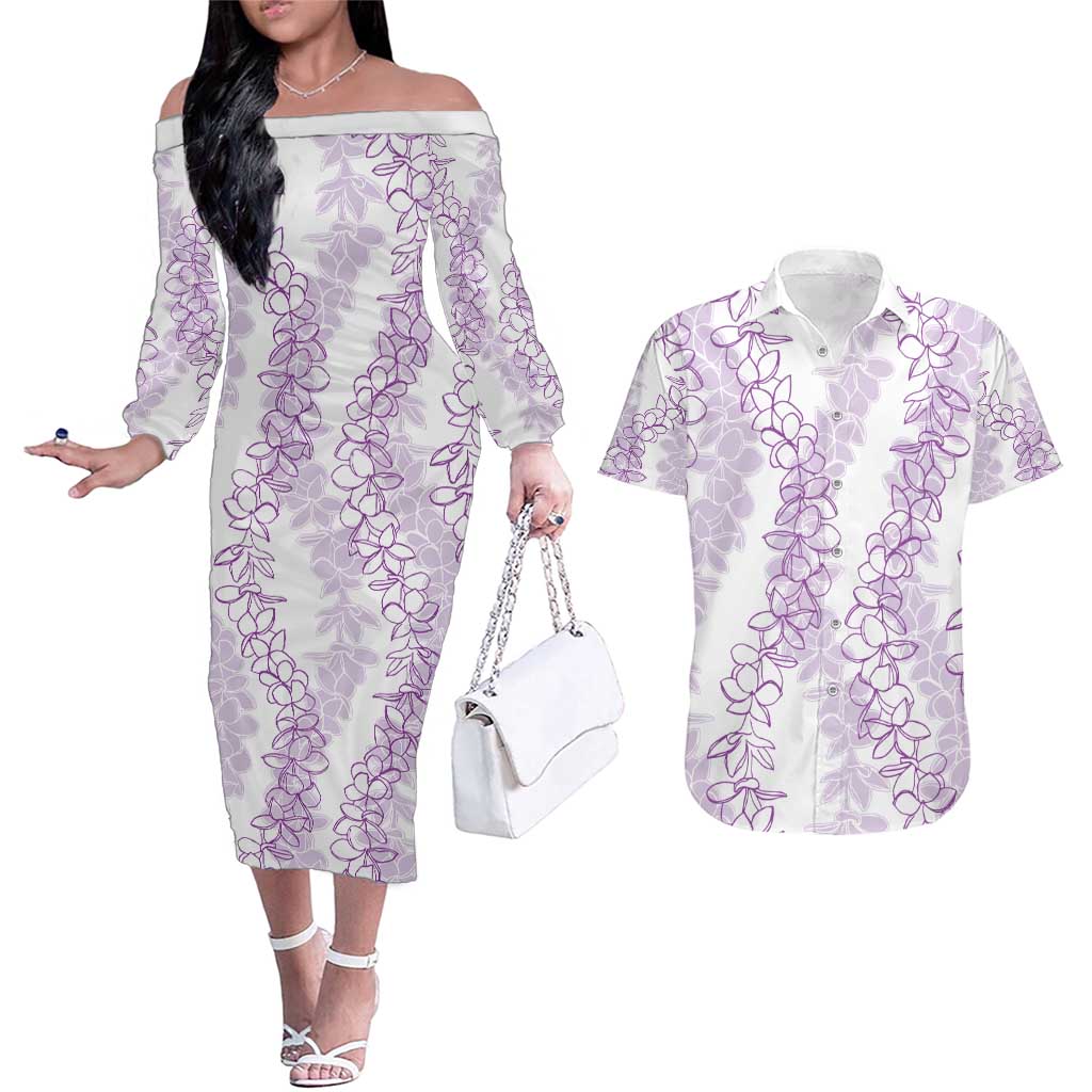 Hawaii Plumeria Lei Couples Matching Off The Shoulder Long Sleeve Dress and Hawaiian Shirt Aloha Festive Vibe - Amethyst