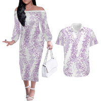 Hawaii Plumeria Lei Couples Matching Off The Shoulder Long Sleeve Dress and Hawaiian Shirt Aloha Festive Vibe - Amethyst