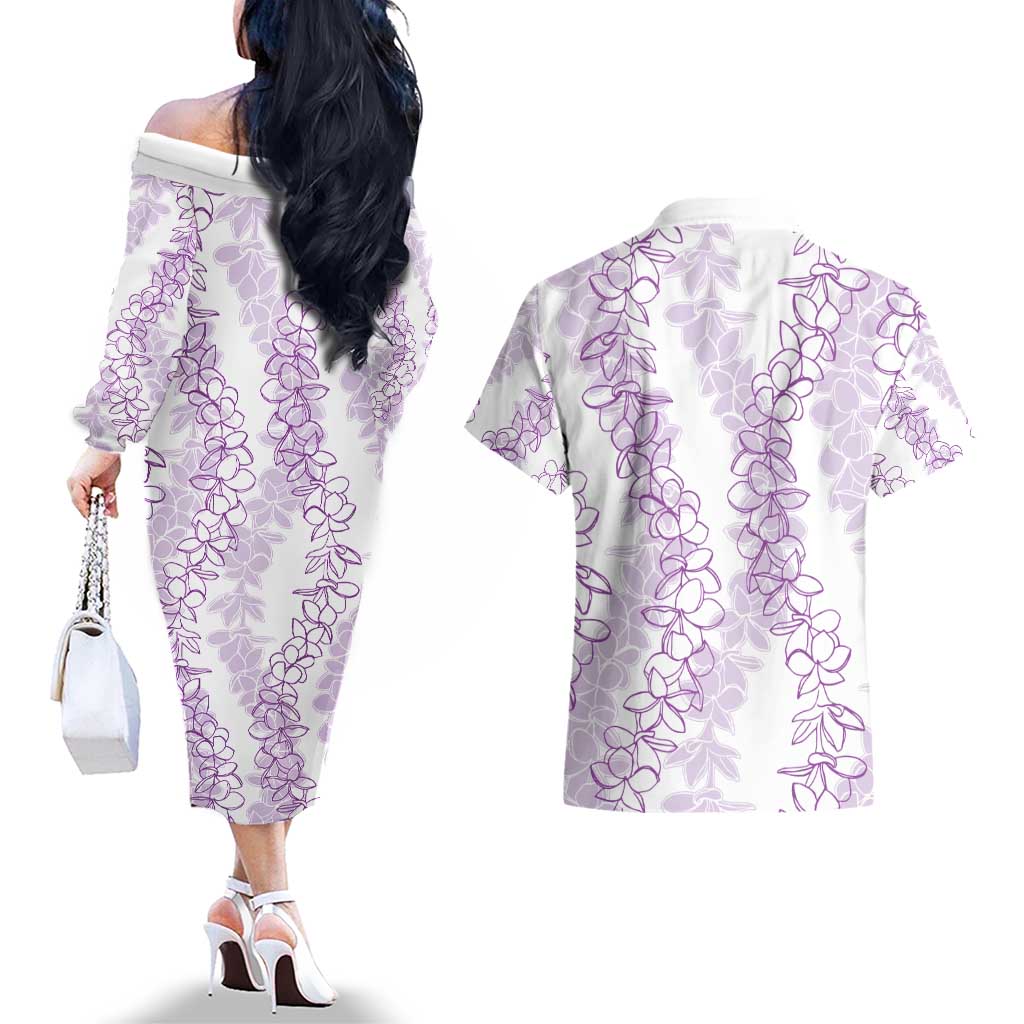 Hawaii Plumeria Lei Couples Matching Off The Shoulder Long Sleeve Dress and Hawaiian Shirt Aloha Festive Vibe - Amethyst