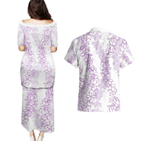 Hawaii Plumeria Lei Couples Matching Puletasi and Hawaiian Shirt Aloha Festive Vibe - Amethyst