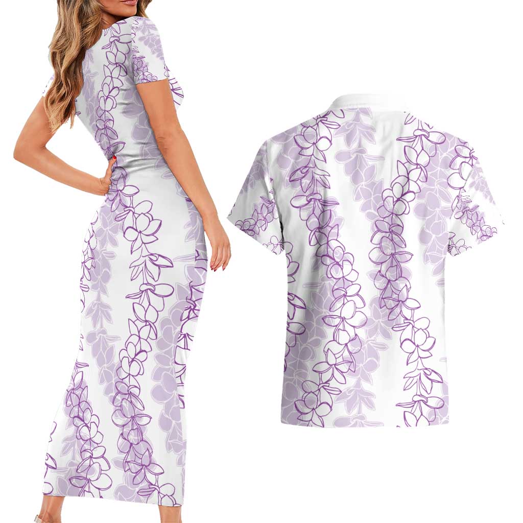 Hawaii Plumeria Lei Couples Matching Short Sleeve Bodycon Dress and Hawaiian Shirt Aloha Festive Vibe - Amethyst