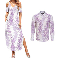 Hawaii Plumeria Lei Couples Matching Summer Maxi Dress and Long Sleeve Button Shirt Aloha Festive Vibe - Amethyst LT7 Amethyst - Polynesian Pride