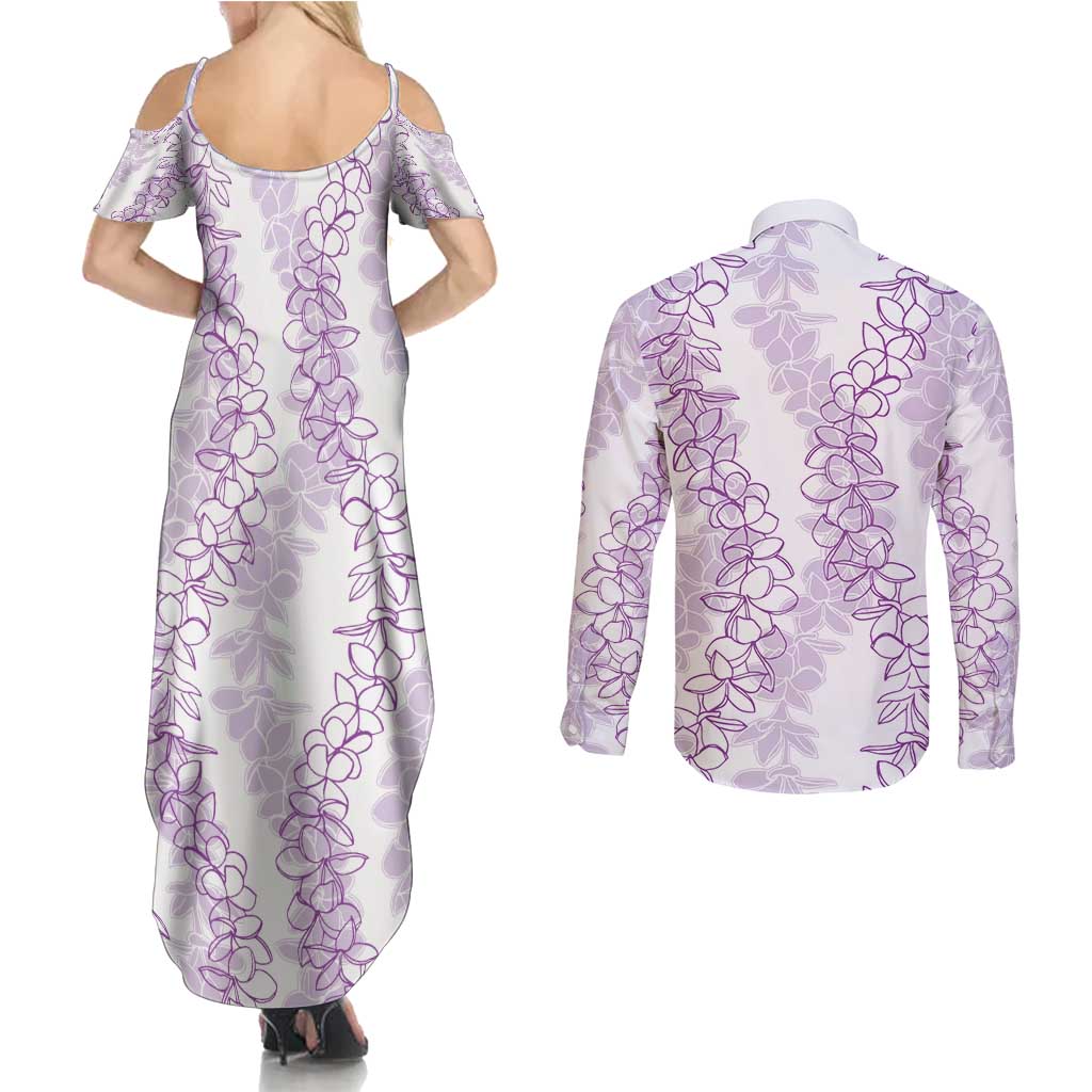 Hawaii Plumeria Lei Couples Matching Summer Maxi Dress and Long Sleeve Button Shirt Aloha Festive Vibe - Amethyst LT7 - Polynesian Pride