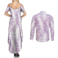 Hawaii Plumeria Lei Couples Matching Summer Maxi Dress and Long Sleeve Button Shirt Aloha Festive Vibe - Amethyst LT7 - Polynesian Pride