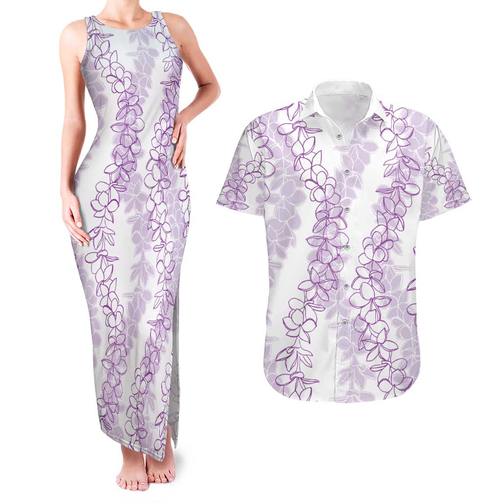 Hawaii Plumeria Lei Couples Matching Tank Maxi Dress and Hawaiian Shirt Aloha Festive Vibe - Amethyst