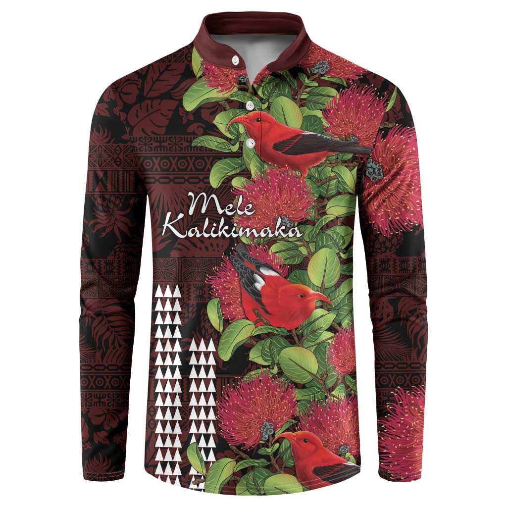 Hawaii Mele Kalikimaka Kakau Button Sweatshirt I'iwi Bird on Ohia Lehua