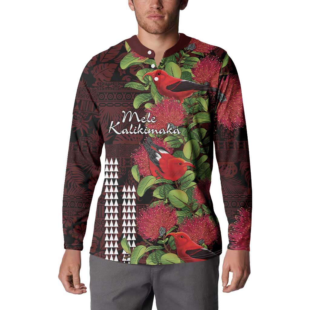 Hawaii Mele Kalikimaka Kakau Button Sweatshirt I'iwi Bird on Ohia Lehua