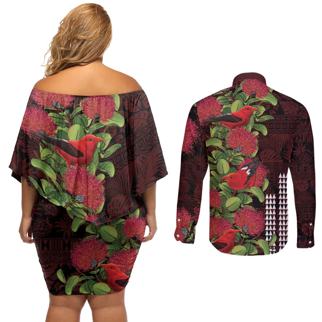 Hawaii Mele Kalikimaka Kakau Couples Matching Off Shoulder Short Dress and Long Sleeve Button Shirt I'iwi Bird on Ohia Lehua