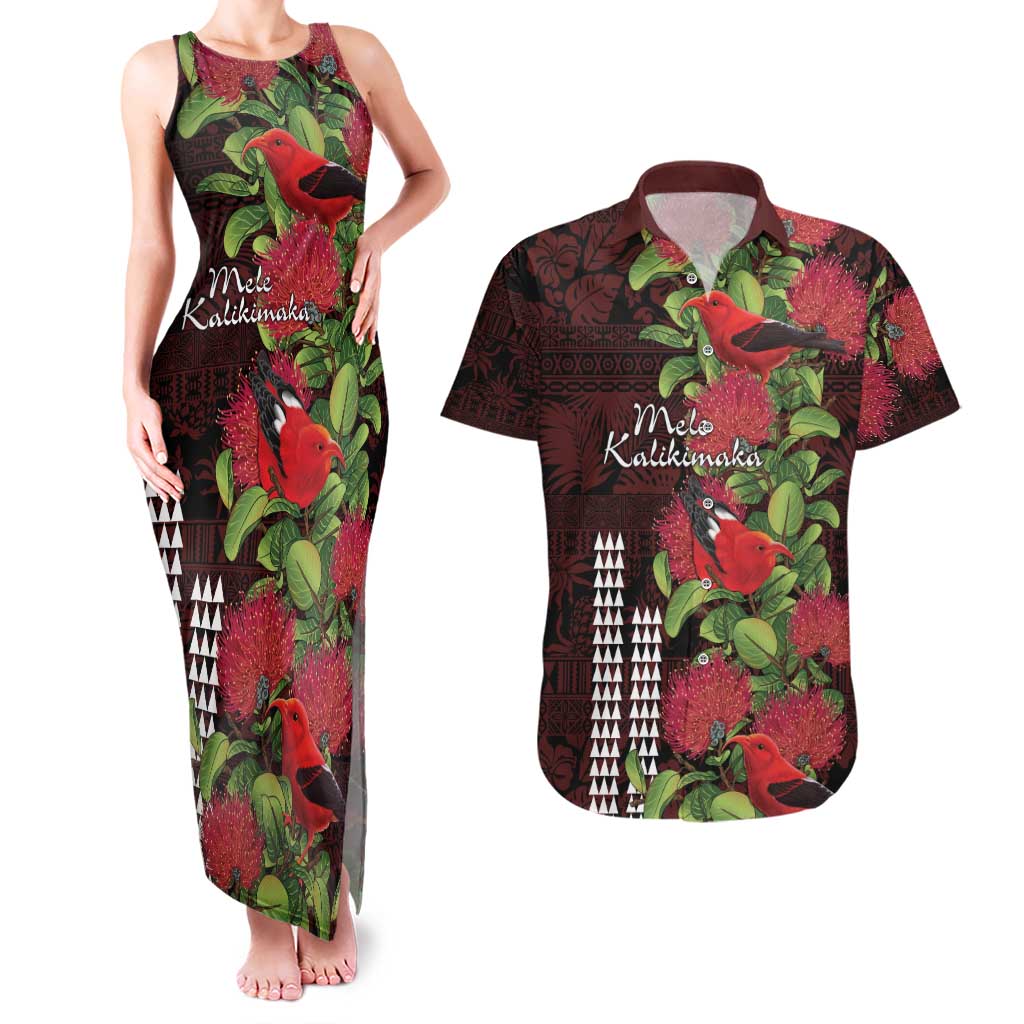 Hawaii Mele Kalikimaka Kakau Couples Matching Tank Maxi Dress and Hawaiian Shirt I'iwi Bird on Ohia Lehua